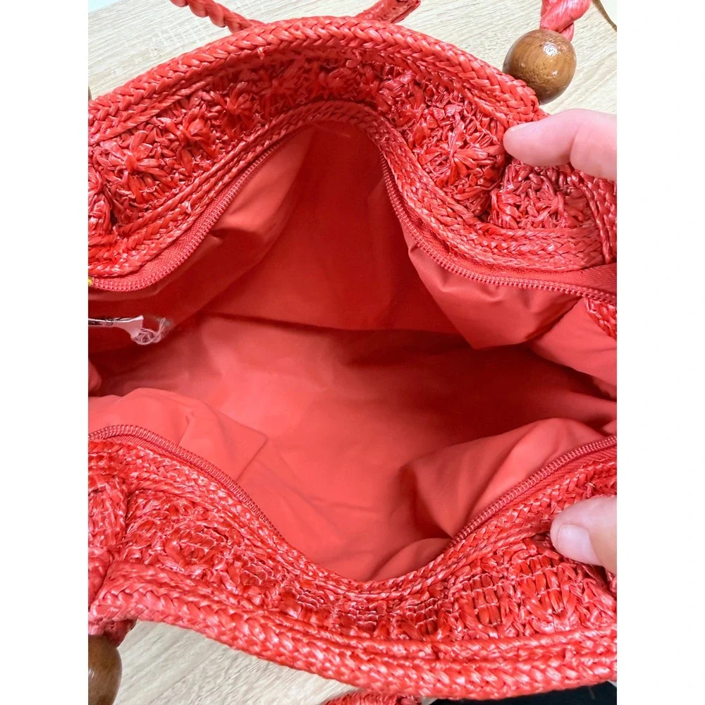 The Last Straw Holiday Fair Inc Red Woven Straw Handbag Wood Bead Rope Handle